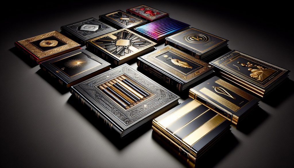 Detalle de cubiertas de libros con diferentes acabados premium: foil mate, relieve seco y barniz brillante con luz dramática lateral — acabado para libros JPHC