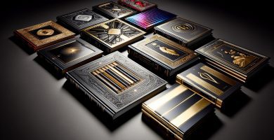 Detalle de cubiertas de libros con diferentes acabados premium: foil mate, relieve seco y barniz brillante con luz dramática lateral — acabado para libros JPHC