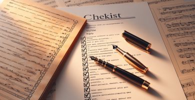 Lista de verificación ortotipográfica sobre papel crema junto a manuscrito con correcciones marcadas y pluma estilográfica — proceso de corrección ortotipográfica paso a paso JPHC
