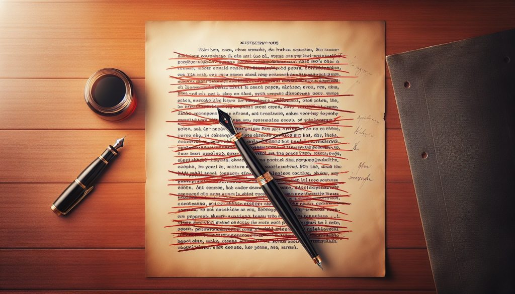 Página de manuscrito siendo simplificada con tachaduras rojas en frases largas y versión más clara reescrita debajo — claridad del texto JPHC