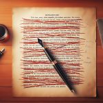 Página de manuscrito siendo simplificada con tachaduras rojas en frases largas y versión más clara reescrita debajo — claridad del texto JPHC