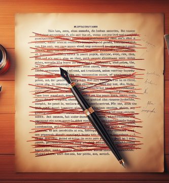 Página de manuscrito siendo simplificada con tachaduras rojas en frases largas y versión más clara reescrita debajo — claridad del texto JPHC