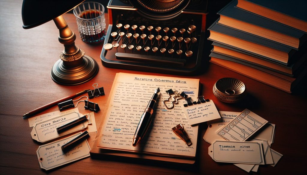 Manuscrito de novela abierto con notas de cronología y fichas de personajes sobre escritorio de madera — coherencia narrativa profesional JPHC