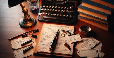 Manuscrito de novela abierto con notas de cronología y fichas de personajes sobre escritorio de madera — coherencia narrativa profesional JPHC