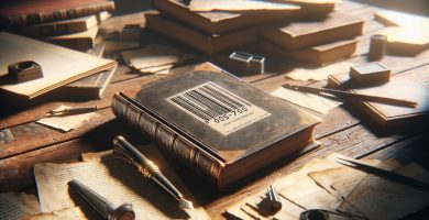 Libro publicado con código ISBN visible en contraportada sobre escritorio de madera, papeles y pluma — cómo elegir un ISBN para tu libro JPHC