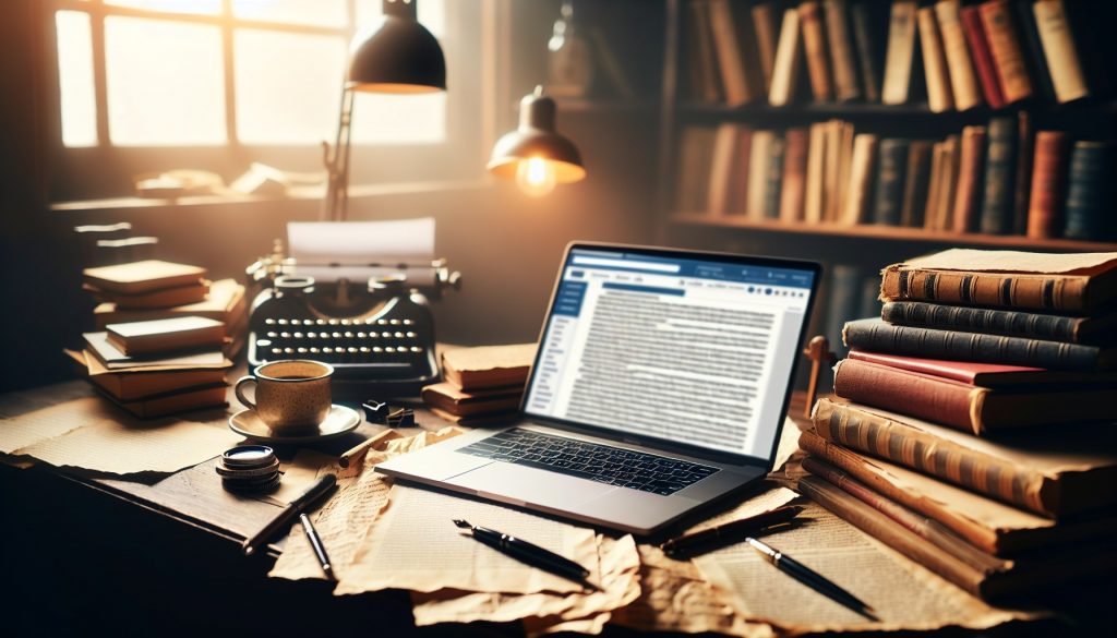 Escritorio de autor autoeditado con manuscrito anotado, ordenador con panel de Amazon KDP y taza de café — corrección de manuscritos para autoeditados JPHC