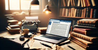 Escritorio de autor autoeditado con manuscrito anotado, ordenador con panel de Amazon KDP y taza de café — corrección de manuscritos para autoeditados JPHC