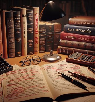 Espacio de trabajo de corrector ortográfico profesional con manuales de la RAE, Fundéu y diccionarios, manuscrito con correcciones rojas y pluma — JPHC corrección humana