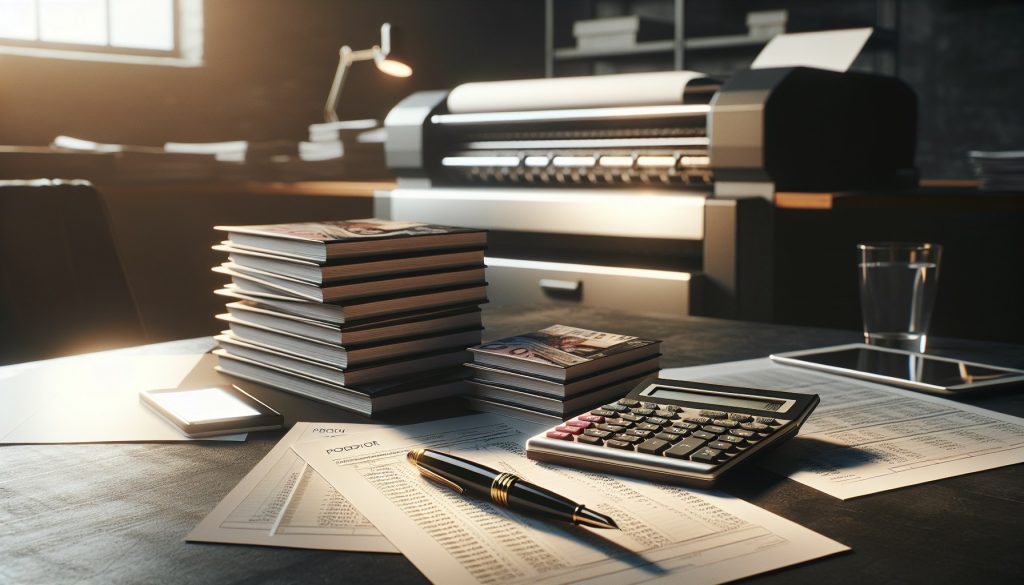 Pila de libros impresos junto a calculadora, facturas y pluma estilográfica con impresora desenfocada al fondo — análisis de costes de impresión de libros JPHC