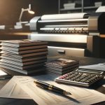 Pila de libros impresos junto a calculadora, facturas y pluma estilográfica con impresora desenfocada al fondo — análisis de costes de impresión de libros JPHC