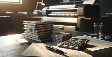 Pila de libros impresos junto a calculadora, facturas y pluma estilográfica con impresora desenfocada al fondo — análisis de costes de impresión de libros JPHC