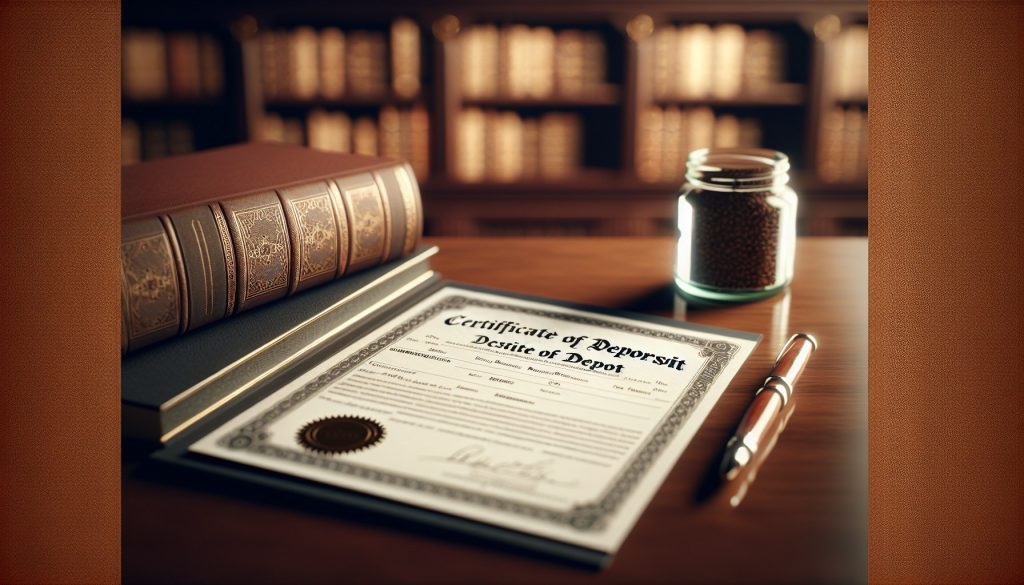 Certificado oficial de depósito legal junto a libro de tapa dura sobre escritorio antiguo, biblioteca al fondo — depósito legal en publicaciones editoriales JPHC