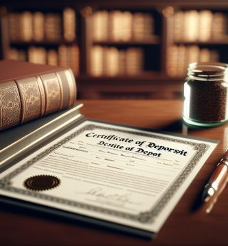 Certificado oficial de depósito legal junto a libro de tapa dura sobre escritorio antiguo, biblioteca al fondo — depósito legal en publicaciones editoriales JPHC