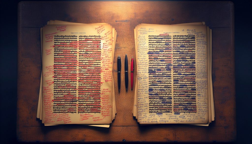 Dos páginas de manuscrito comparadas: una con marcas en rojo (correcciones ortográficas) y otra con marcas en azul (correcciones ortotipográficas) — guía comparativa JPHC