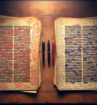 Dos páginas de manuscrito comparadas: una con marcas en rojo (correcciones ortográficas) y otra con marcas en azul (correcciones ortotipográficas) — guía comparativa JPHC