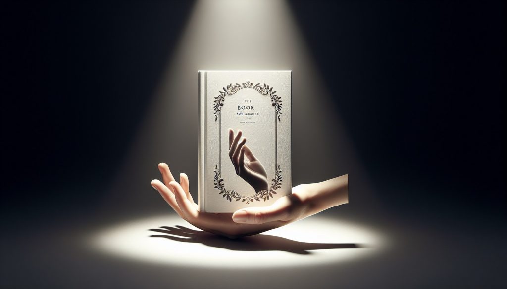 Mano sosteniendo portada de libro acabada con diseño minimalista elegante, fondo neutro y luz dramática — diseño de portada para libros autopublicados JPHC