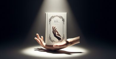 Mano sosteniendo portada de libro acabada con diseño minimalista elegante, fondo neutro y luz dramática — diseño de portada para libros autopublicados JPHC