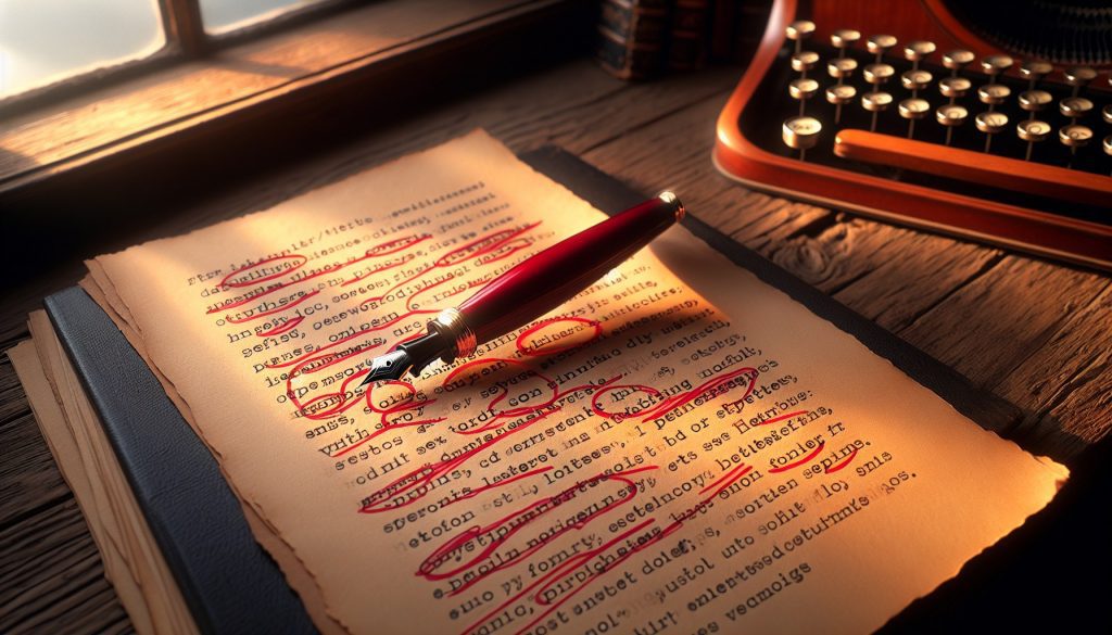 Manuscrito con marcas de bolígrafo rojo señalando errores ortográficos comunes en márgenes — corrección ortográfica profesional JPHC