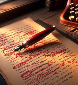 Manuscrito con marcas de bolígrafo rojo señalando errores ortográficos comunes en márgenes — corrección ortográfica profesional JPHC