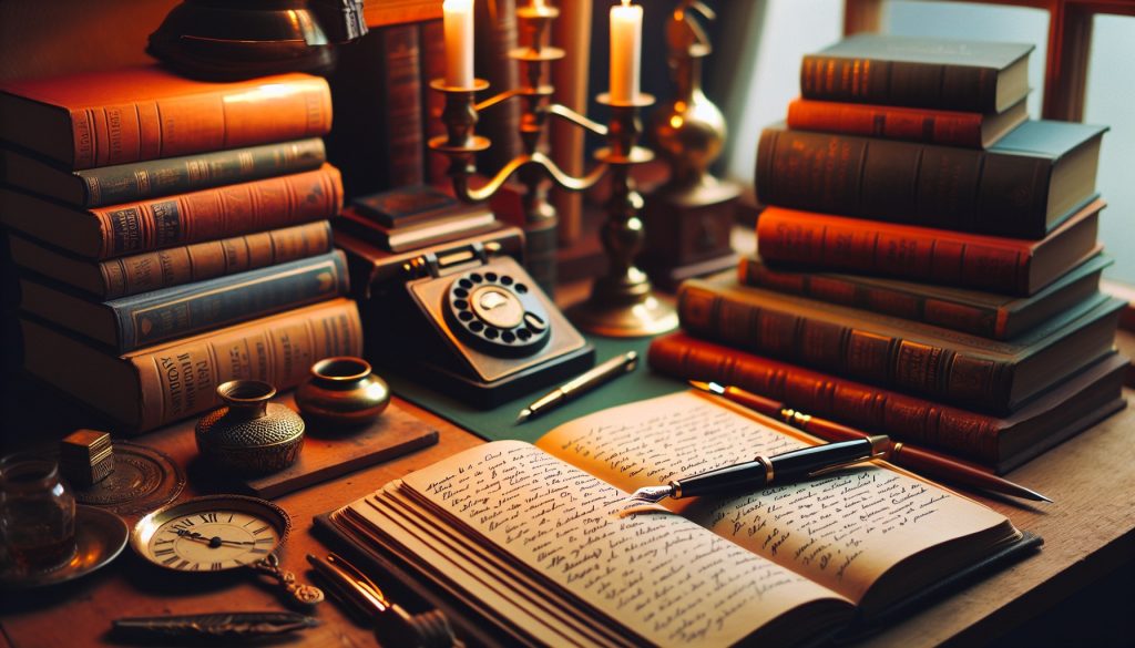 Escritorio de escritor novel con manuales de estilo literario, novelas clásicas y cuaderno con ejercicios manuscritos — guía de estilo para autores noveles JPHC