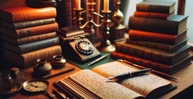 Escritorio de escritor novel con manuales de estilo literario, novelas clásicas y cuaderno con ejercicios manuscritos — guía de estilo para autores noveles JPHC