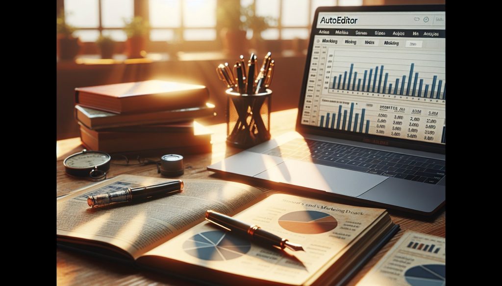 Escritorio de autor autoeditado con laptop con panel KDP analytics, gráficas de ventas, libros y pluma — estrategias de marketing en Amazon KDP JPHC