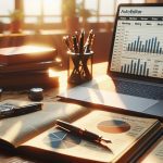Escritorio de autor autoeditado con laptop con panel KDP analytics, gráficas de ventas, libros y pluma — estrategias de marketing en Amazon KDP JPHC