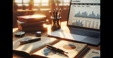 Escritorio de autor autoeditado con laptop con panel KDP analytics, gráficas de ventas, libros y pluma — estrategias de marketing en Amazon KDP JPHC