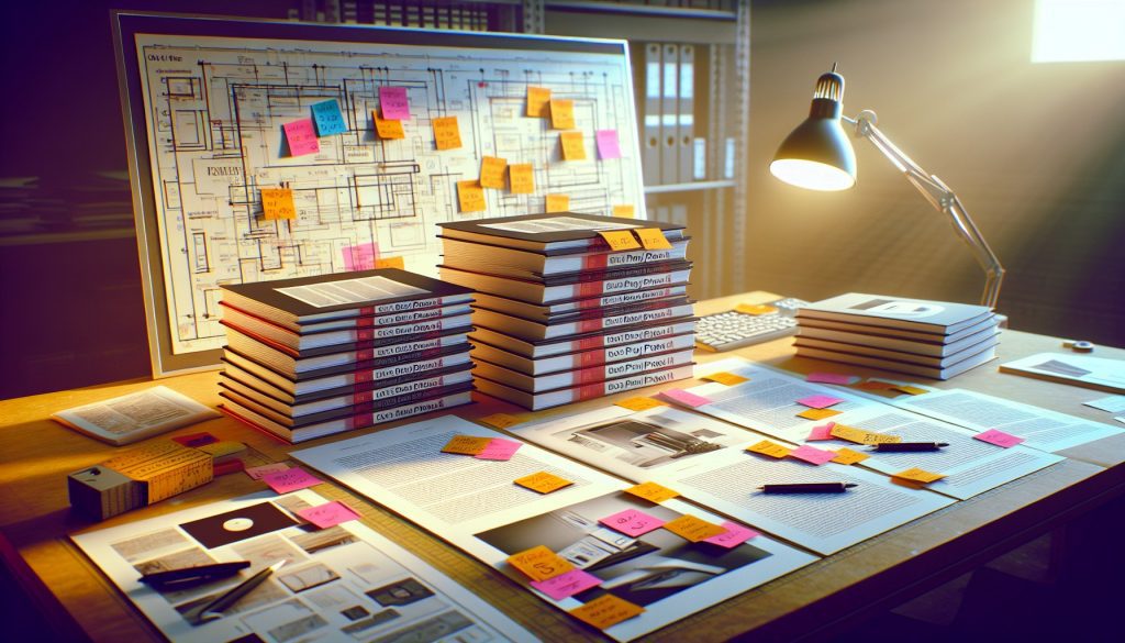 Pila de galeradas con marcadores adhesivos y correcciones ortotipográficas finales junto a maqueta de portada — corrección ortotipográfica antes de publicar un libro