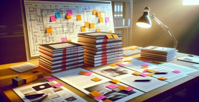 Pila de galeradas con marcadores adhesivos y correcciones ortotipográficas finales junto a maqueta de portada — corrección ortotipográfica antes de publicar un libro