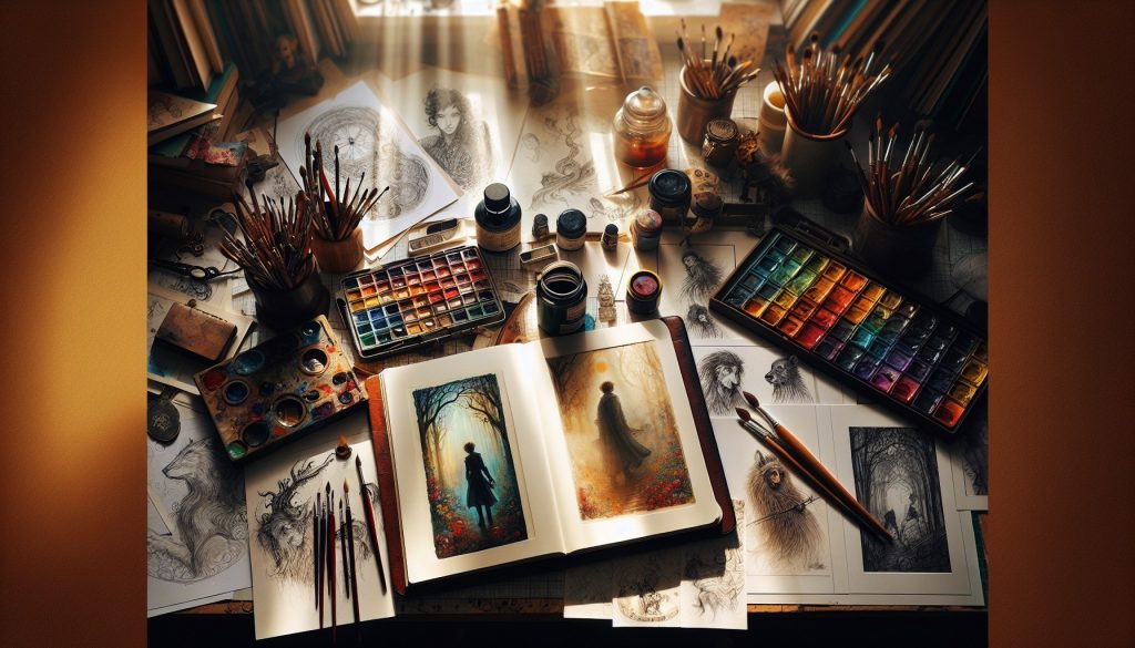 Escritorio de ilustrador con bocetos a mano de personajes para libro, tintas, paleta de acuarelas y pinceles — encontrar un ilustrador para libros JPHC