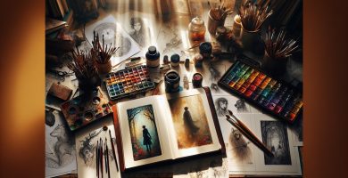 Escritorio de ilustrador con bocetos a mano de personajes para libro, tintas, paleta de acuarelas y pinceles — encontrar un ilustrador para libros JPHC