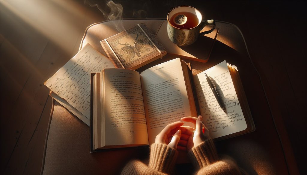 Manos de lector beta sosteniendo un manuscrito abierto con notas y taza de té, atmósfera cálida y reflexiva — servicio de lectura beta JPHC