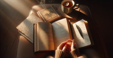Manos de lector beta sosteniendo un manuscrito abierto con notas y taza de té, atmósfera cálida y reflexiva — servicio de lectura beta JPHC