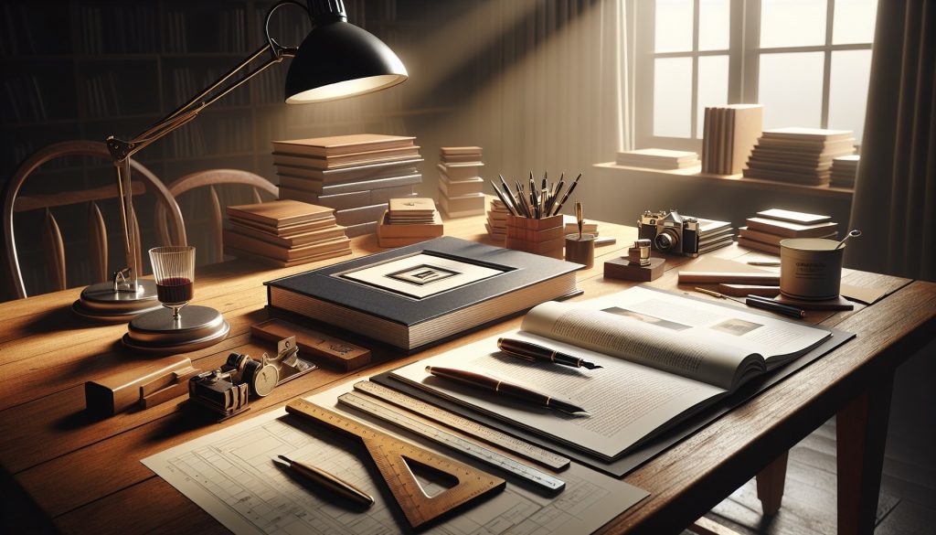 Mesa profesional de maquetación con libro impreso, pruebas de maqueta, regla y pluma sobre escritorio de madera — maquetación profesional de libros JPHC
