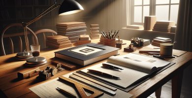 Mesa profesional de maquetación con libro impreso, pruebas de maqueta, regla y pluma sobre escritorio de madera — maquetación profesional de libros JPHC