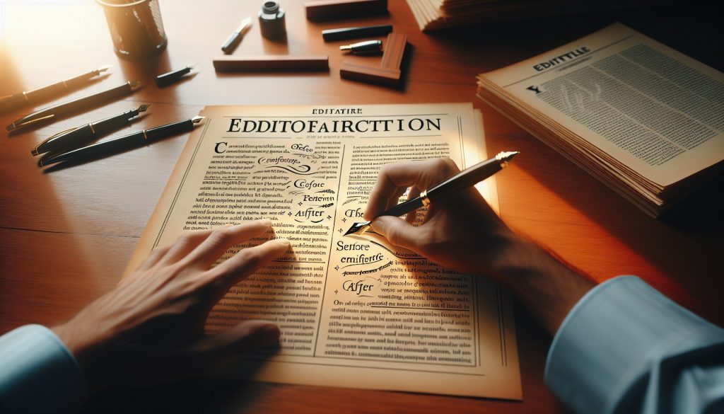 Manuscrito siendo refinado con marcas de pluma estilográfica que mejoran estructura de frase y eliminan redundancias — cómo mejorar el estilo de un texto JPHC