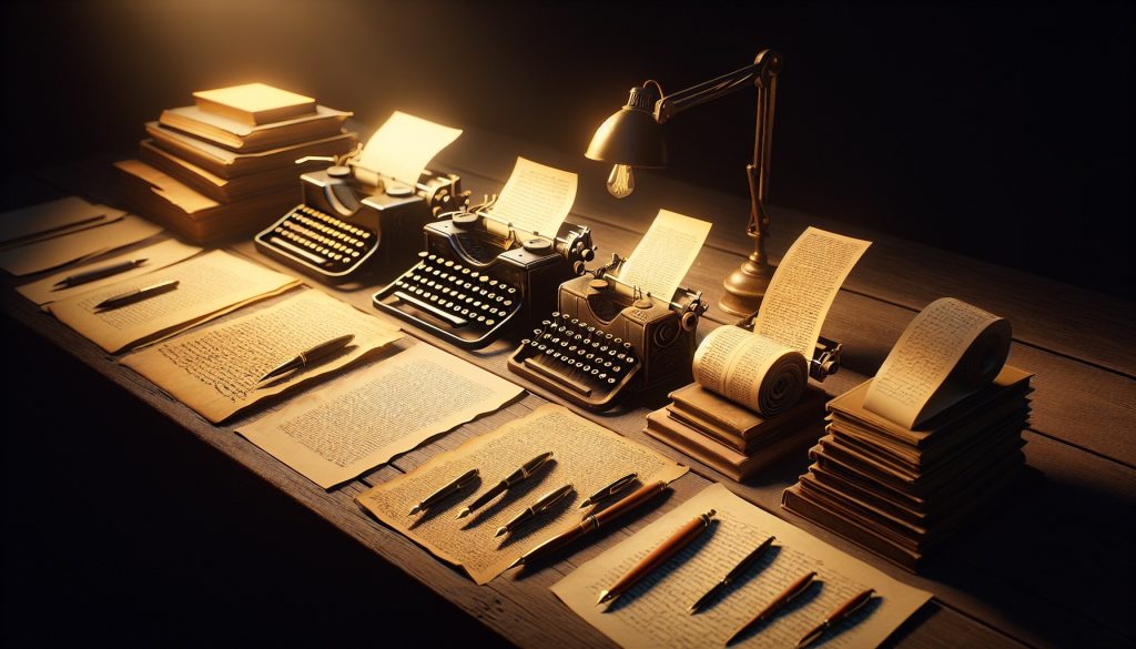 Progresión secuencial sobre escritorio: manuscrito en bruto, borrador con marcas, libro impreso final, todos en línea — proceso editorial paso a paso JPHC