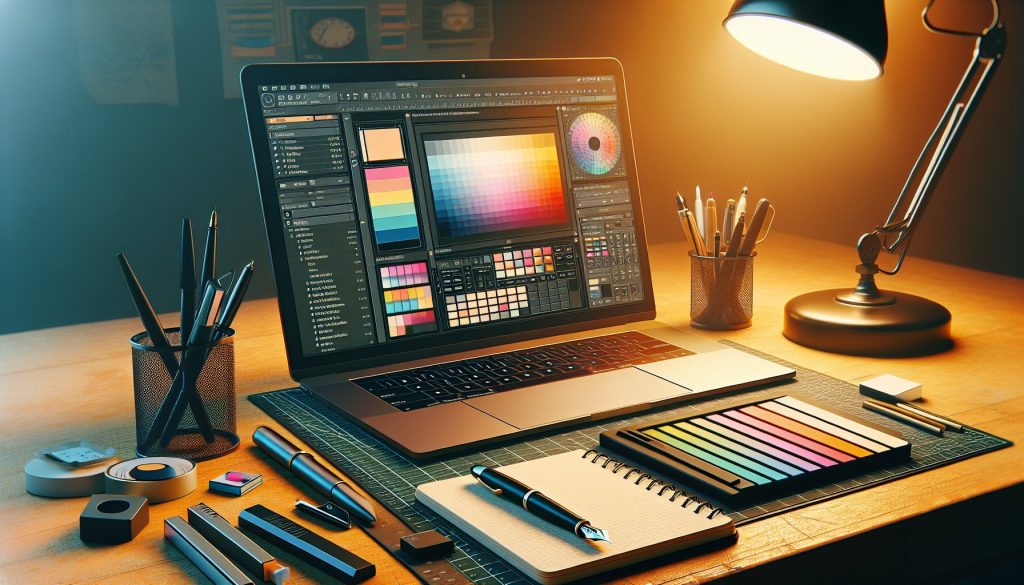 Pantalla con interfaz de software profesional de maquetación de libros mostrando paletas, reglas y rejillas, junto a cuaderno y pluma — programas para maquetar libros JPHC