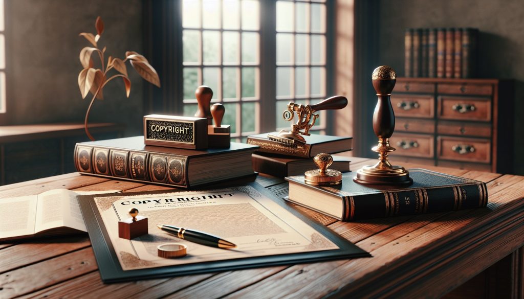 Documento de registro de propiedad intelectual junto a libros encuadernados, sello de copyright y pluma sobre escritorio antiguo — protección legal de obras JPHC
