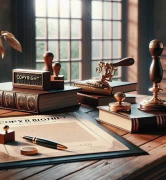 Documento de registro de propiedad intelectual junto a libros encuadernados, sello de copyright y pluma sobre escritorio antiguo — protección legal de obras JPHC
