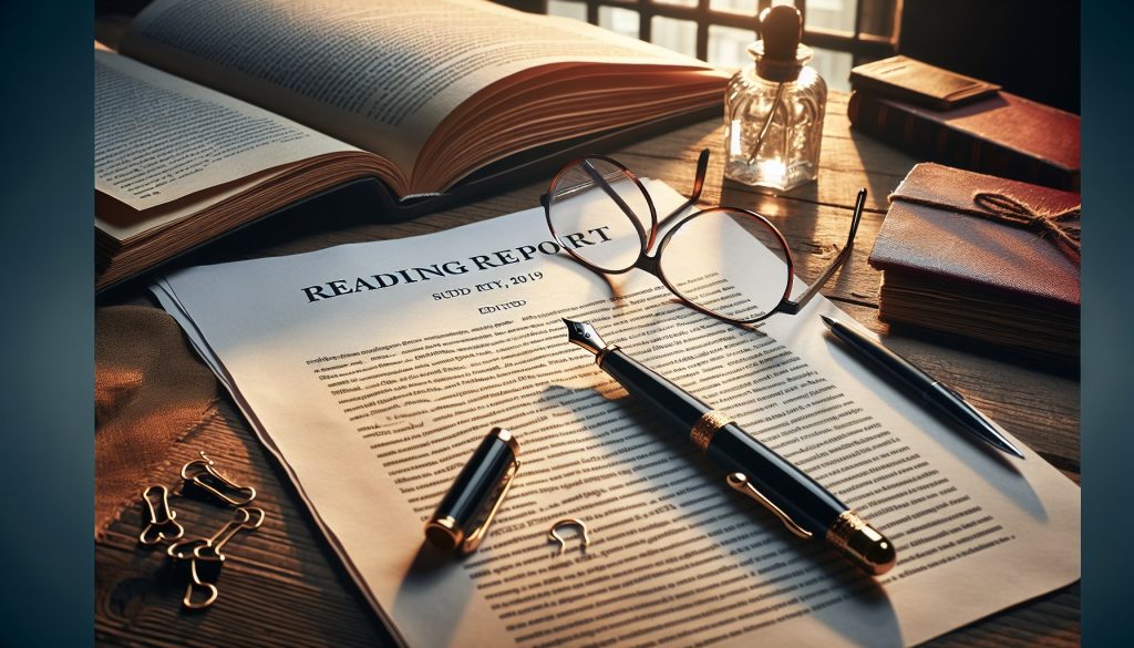 Documento de informe de lectura voluminoso junto a manuscrito de novela abierto, pluma y gafas sobre escritorio editorial — qué es un informe de lectura JPHC