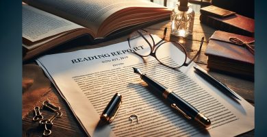 Documento de informe de lectura voluminoso junto a manuscrito de novela abierto, pluma y gafas sobre escritorio editorial — qué es un informe de lectura JPHC