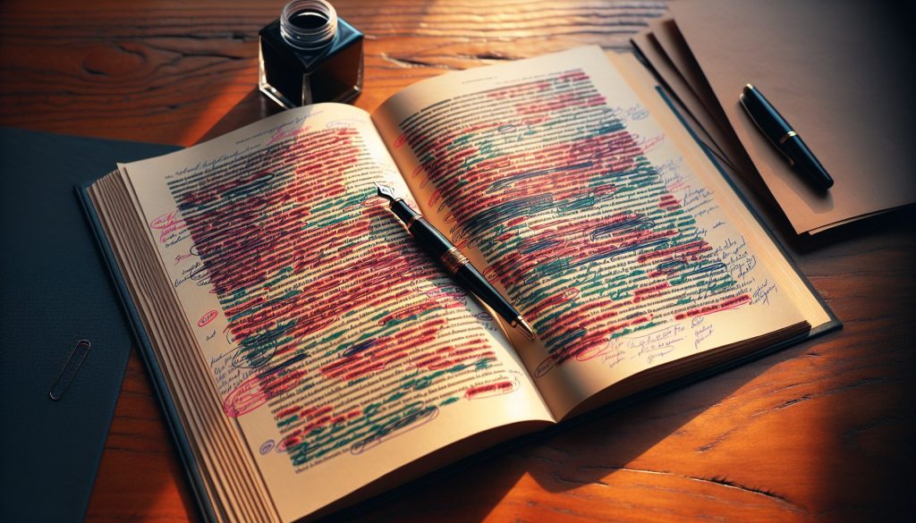Libro abierto con varias capas de correcciones rojas, azules y verdes en márgenes y pluma estilográfica encima — qué incluye la corrección completa de un libro JPHC