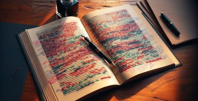 Libro abierto con varias capas de correcciones rojas, azules y verdes en márgenes y pluma estilográfica encima — qué incluye la corrección completa de un libro JPHC