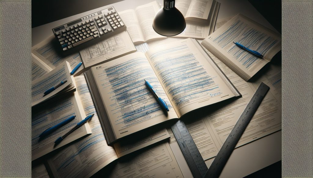 Mesa de redacción técnica con manuales abiertos, marcas en azul sobre párrafos y regla — refinar tus textos técnicos JPHC