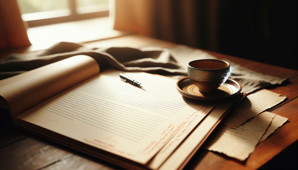 Manuscrito abierto con correcciones manuscritas en el margen sobre escritorio de madera, taza de café y luz cálida natural — revisión editorial completa de libros JPHC
