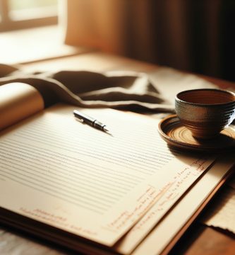 Manuscrito abierto con correcciones manuscritas en el margen sobre escritorio de madera, taza de café y luz cálida natural — revisión editorial completa de libros JPHC