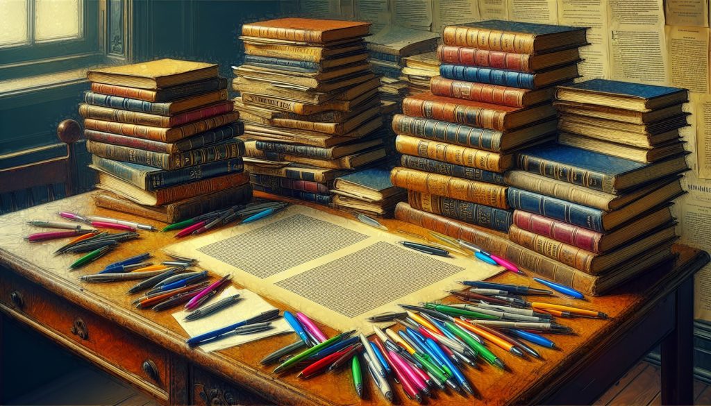 Escritorio de editor con manuales de estilo apilados, manuscrito con correcciones detalladas en bolígrafos de colores — técnicas de corrección de estilo JPHC