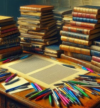 Escritorio de editor con manuales de estilo apilados, manuscrito con correcciones detalladas en bolígrafos de colores — técnicas de corrección de estilo JPHC